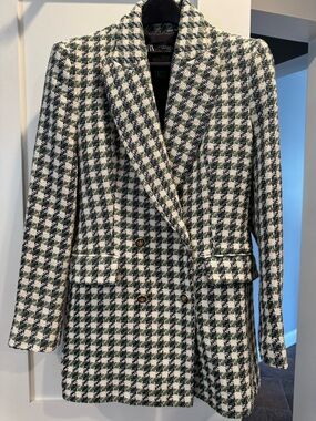 Zara Women's Green, Blue & White Houndstooth Double-Breasted Blazer NWOT